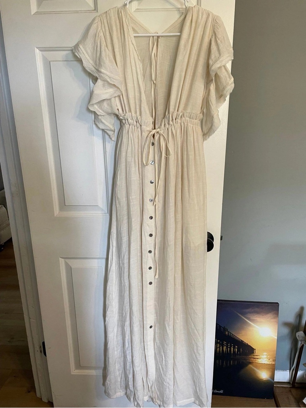 Peach Love California Cream Button-Front Maxi with Tie Waist